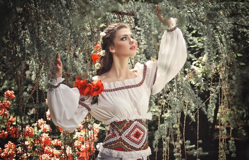 Woman in Traditional Dress — White, Serene, Spring, Photograph