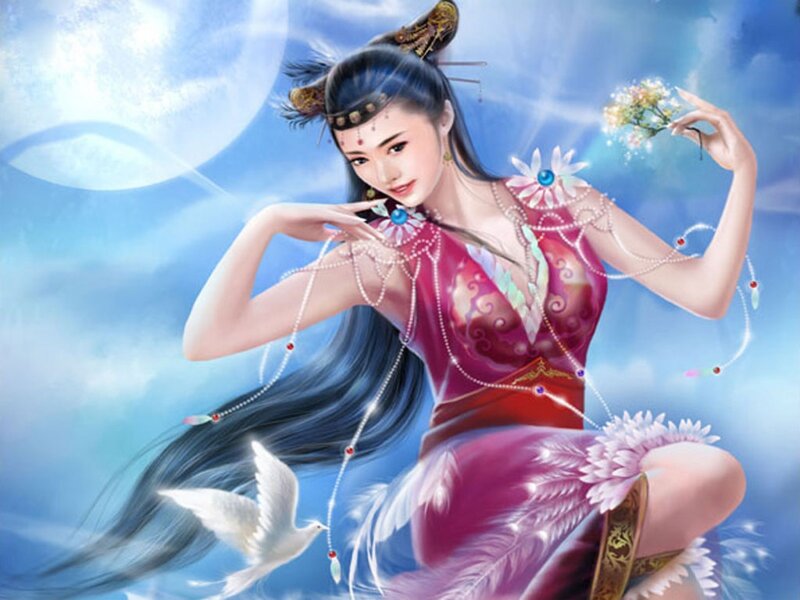 woman in traditional dress with birds