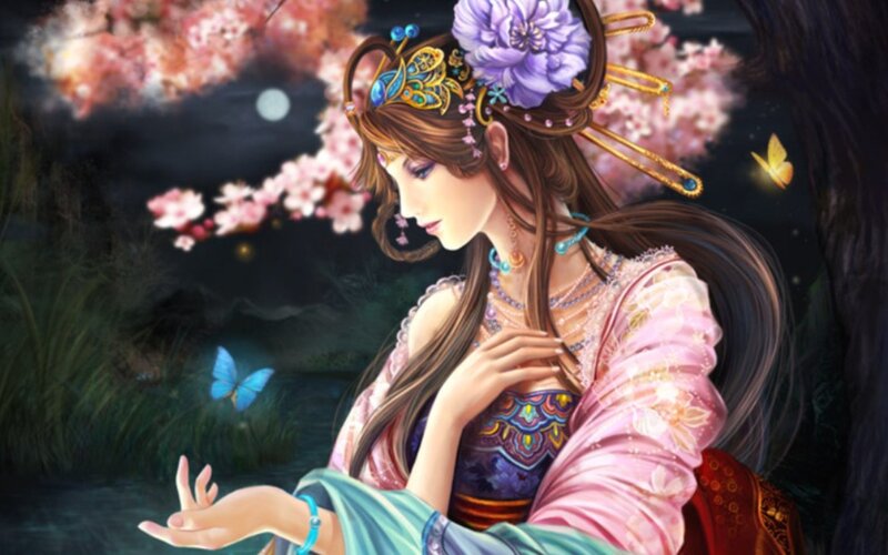 woman in traditional dress with butterflies