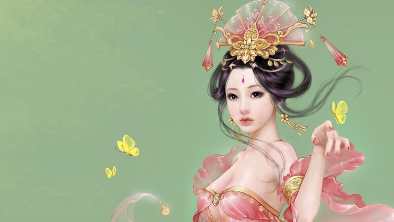 woman in traditional dress with butterflies