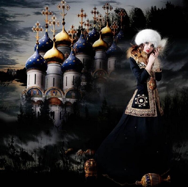 woman in traditional dress with church