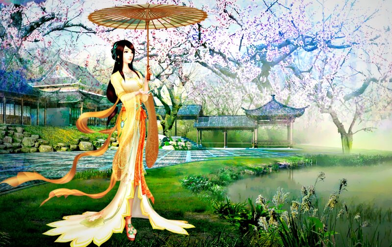 Woman in Traditional Dress — Yellow, Serene