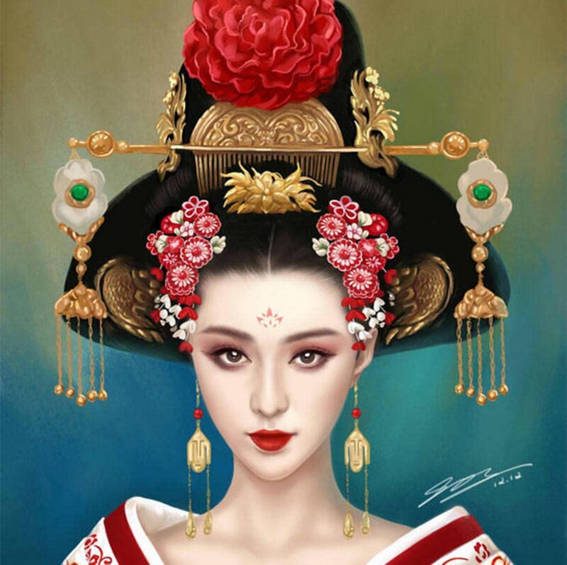Woman in Traditional Headdress — Red, Dramatic