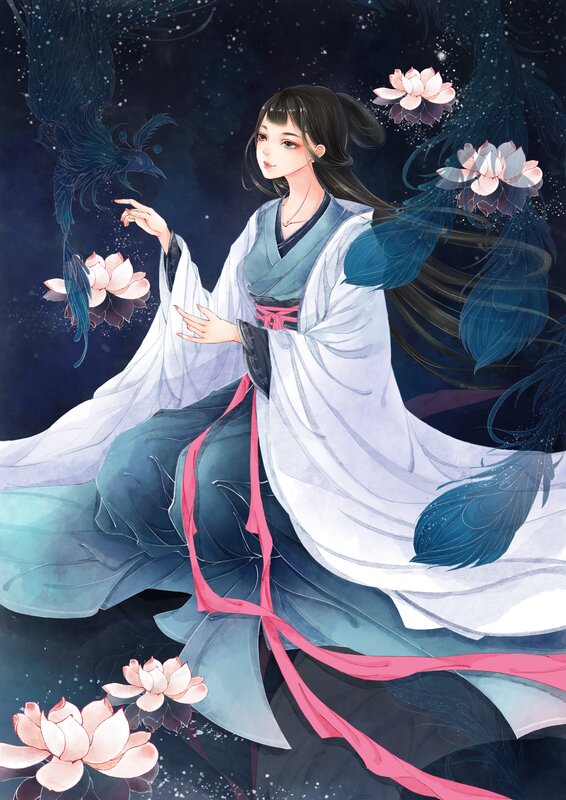 Woman in Traditional Robes — Blue, Serene, Night, Digital Art