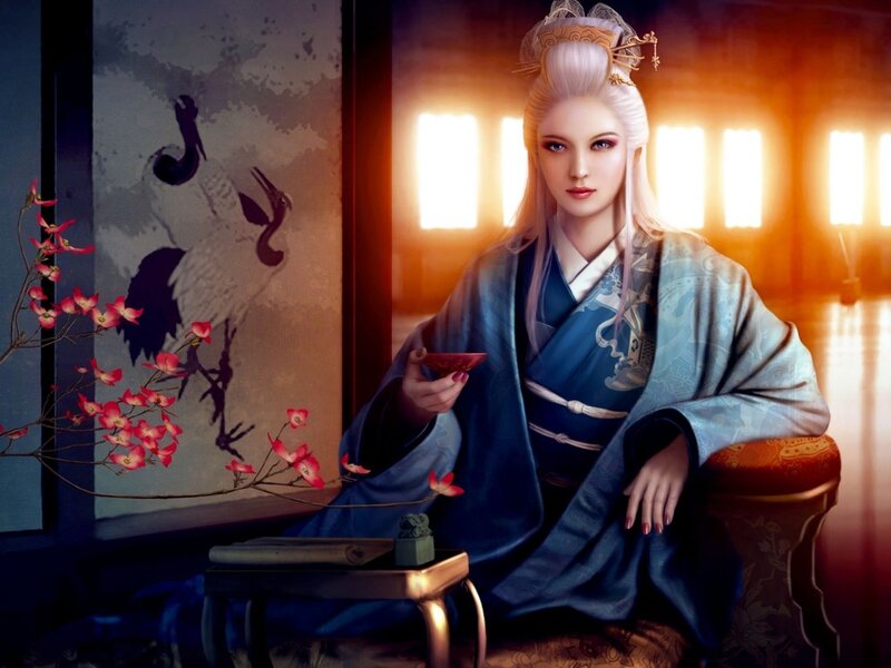 Woman in Traditional Robes — Blue, Serene, Sunset, Digital Art
