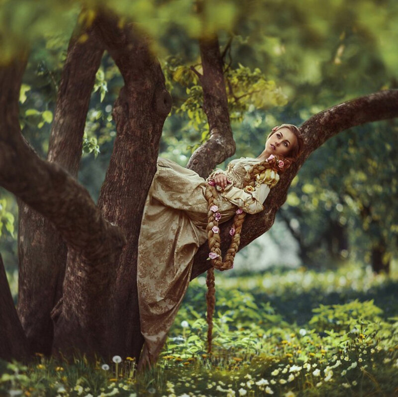 Woman in Tree — Green, Serene, Afternoon