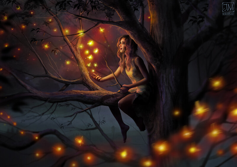 Woman in Tree with Fireflies