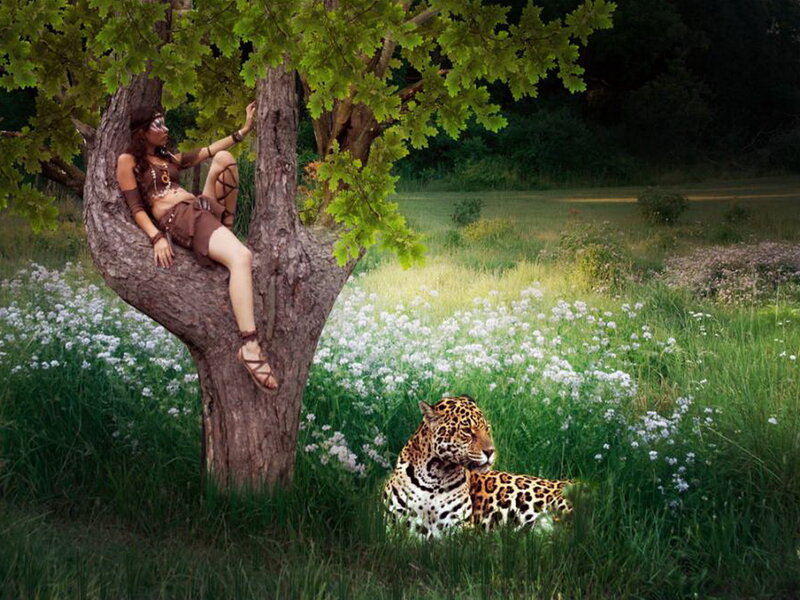 Woman in Tree with Jaguar