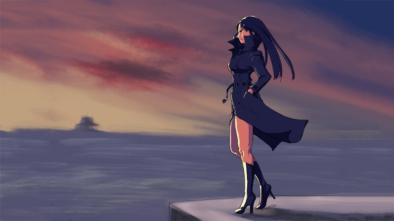 Woman in Trench Coat — Purple, Dramatic, Sunset
