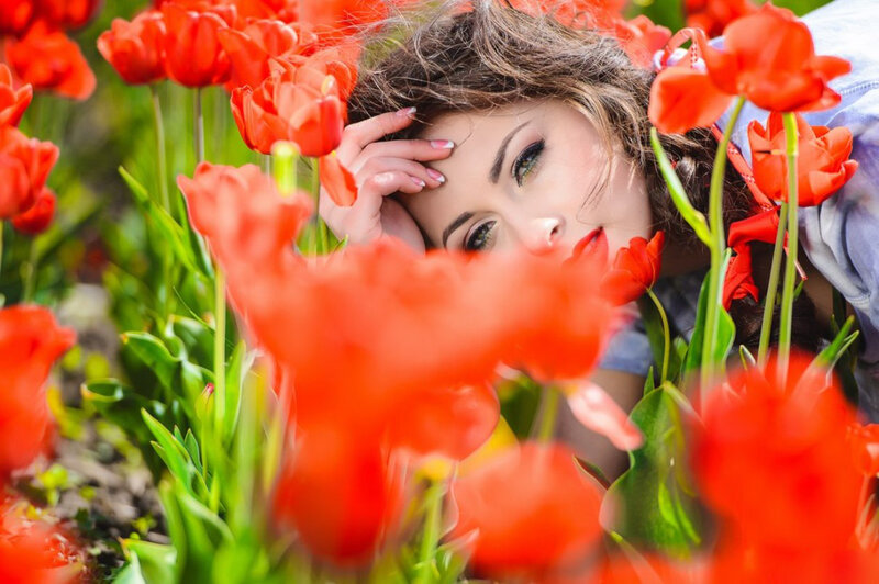 Woman in Tulip Field — Red, Serene, Spring