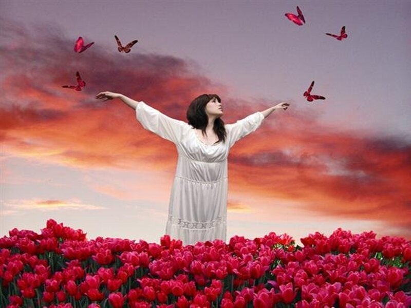 Woman in Tulip Field — Red