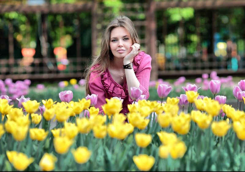 woman in tulip field