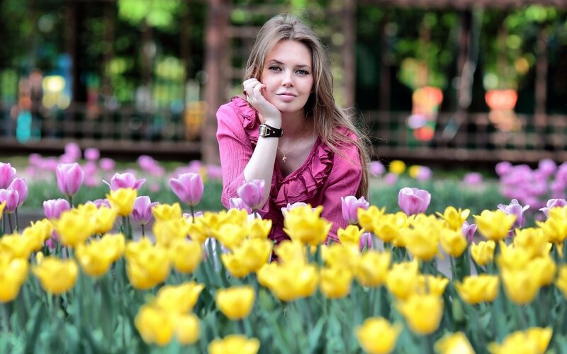 woman in tulip garden