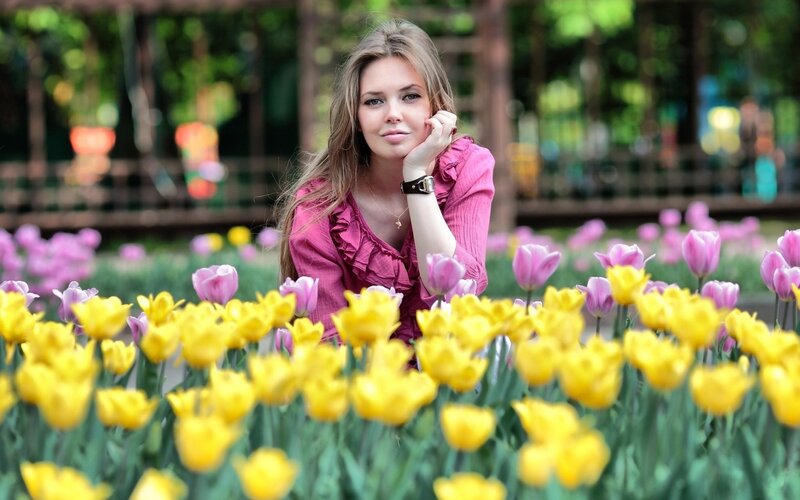 woman in tulip garden