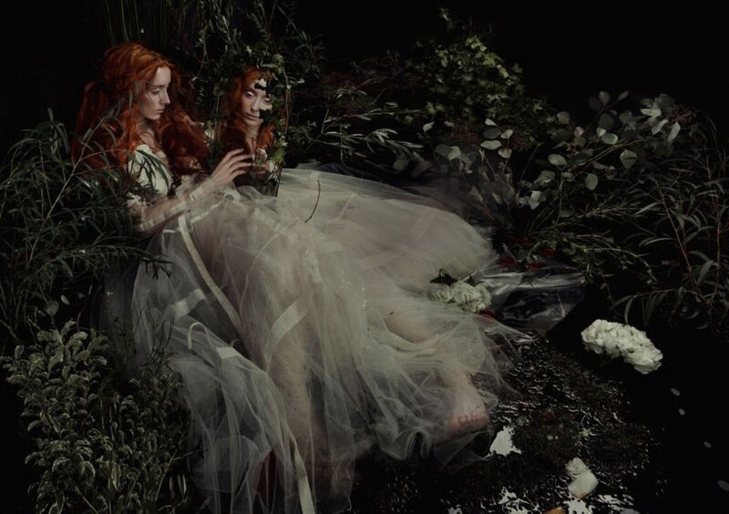 Woman in Tulle Dress — White, Dramatic, Night