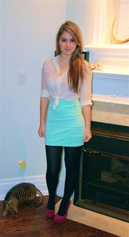 woman in turquoise skirt