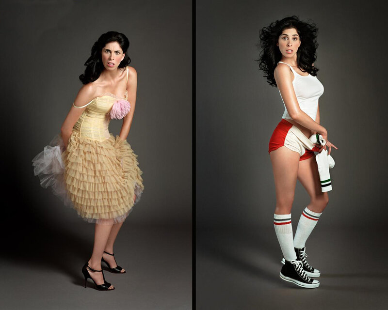 woman in two contrasting outfits