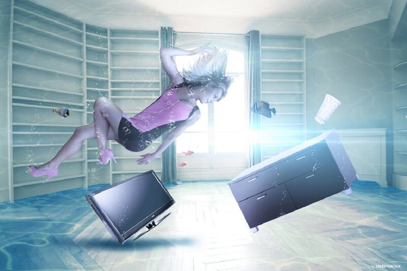 Woman in Underwater Room