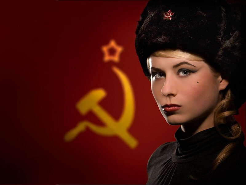 woman in ushanka with soviet symbol