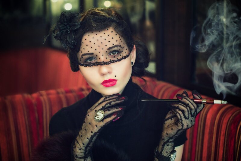 Woman in Vintage Attire — Black, Dramatic, Night