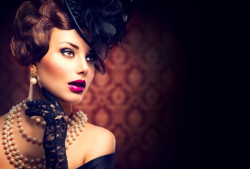 Woman in Vintage Attire — Black, Dramatic, Photograph, Pearl Necklace