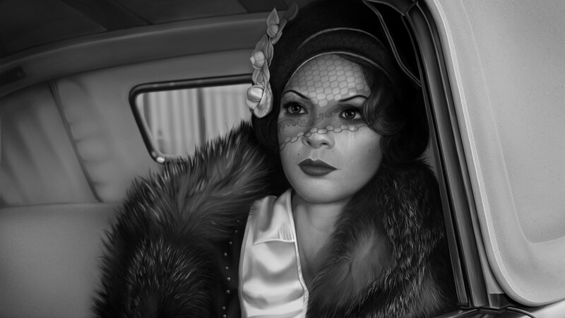 woman in vintage car