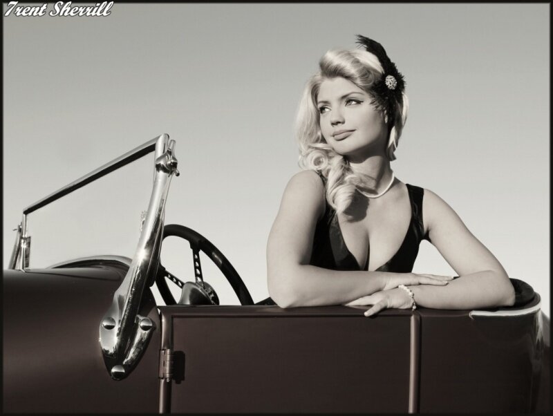 Woman in Vintage Car — Black, Dramatic