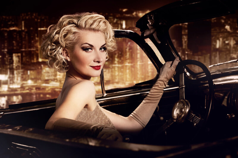 Woman in Vintage Car — Gold, Dramatic