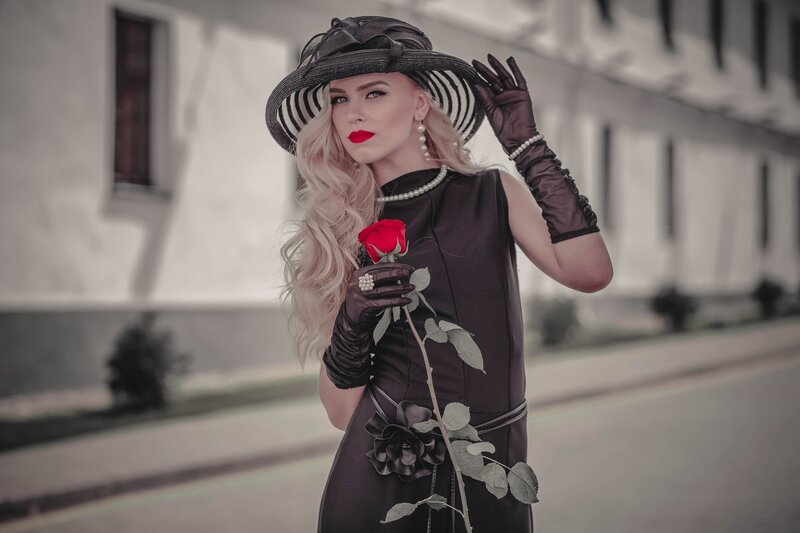 Woman in Vintage Dress — Black, Dramatic, Photograph, Hat