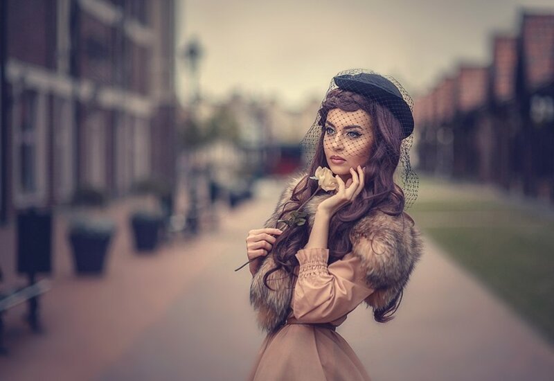 Woman in Vintage Dress — Brown, Dramatic, Afternoon