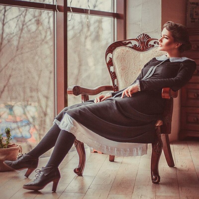 Woman in Vintage Dress — Brown, Serene