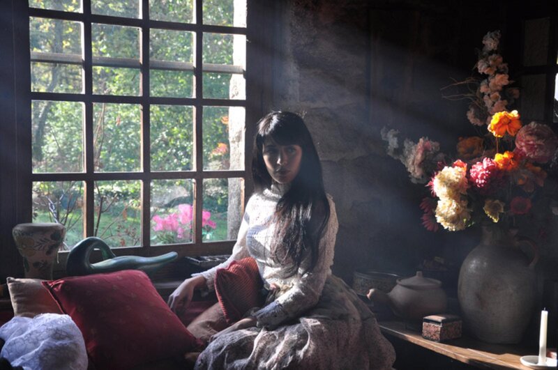 woman in vintage dress by window