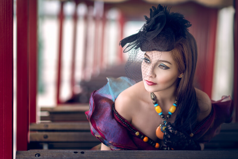 Woman in Vintage Dress — Red, Dramatic, Photograph