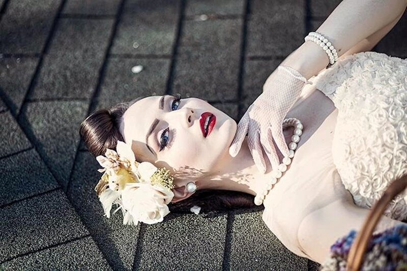 Woman in Vintage Dress — White, Dramatic, Afternoon