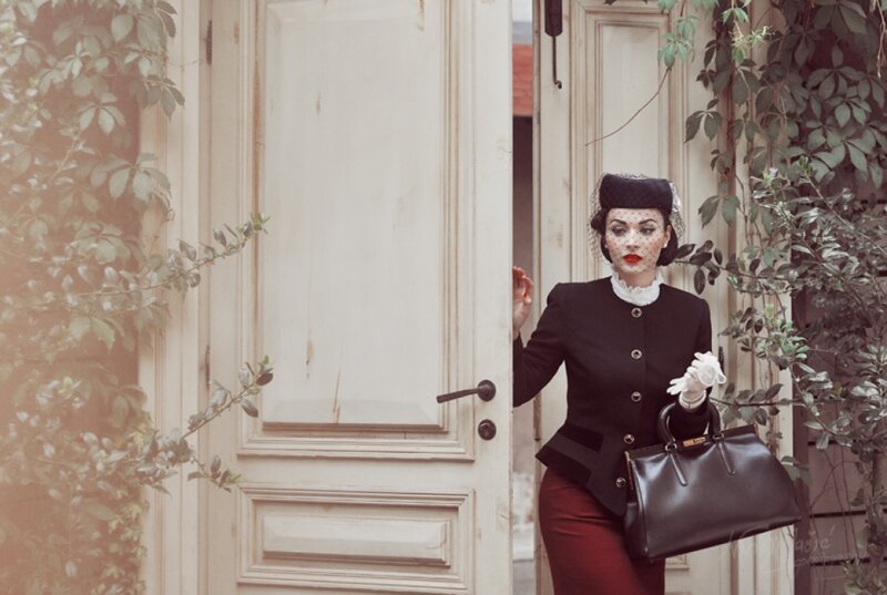 Woman in Vintage Outfit — Black, Dramatic, Photograph