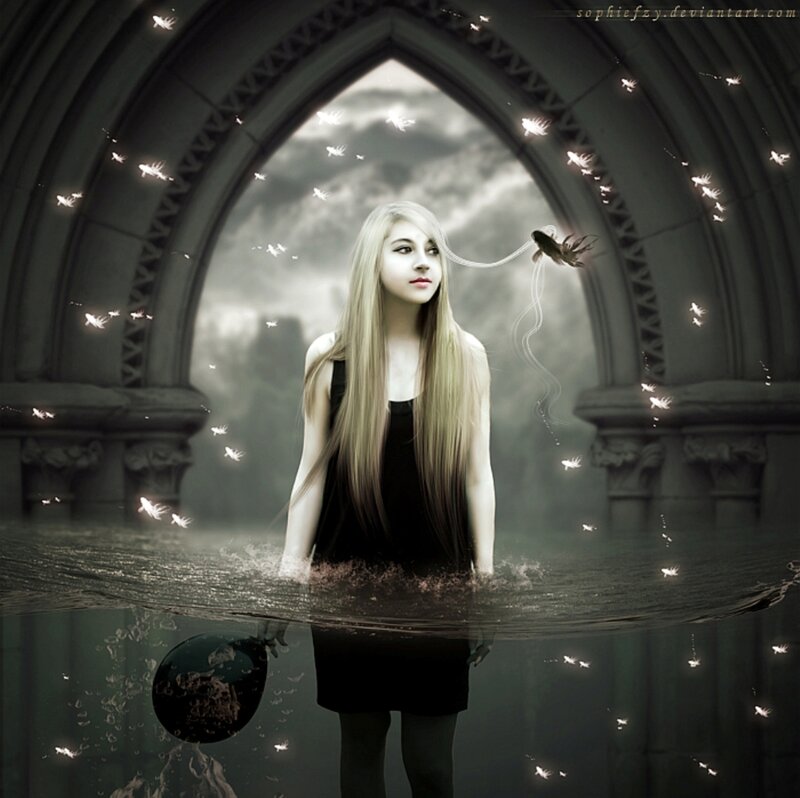 Woman in Water — Black, Dramatic, Digital Art, Archway
