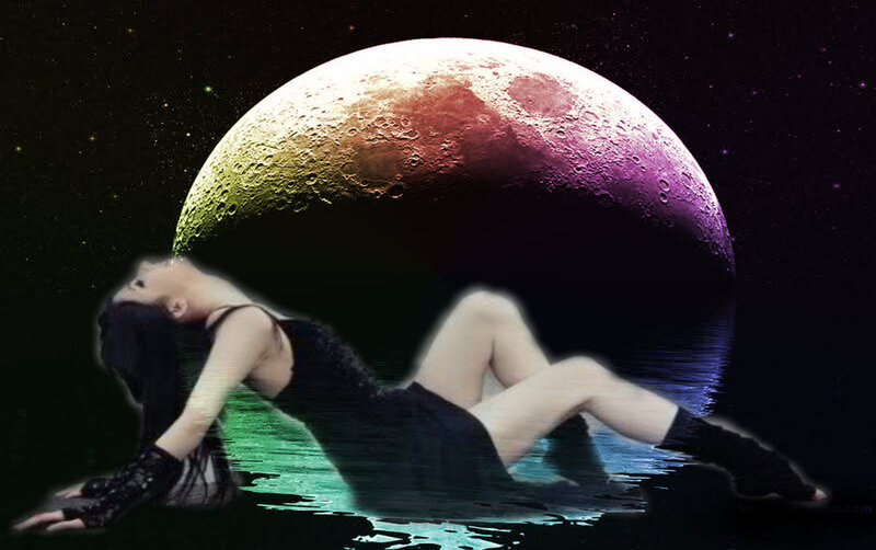 Woman in Water — Black, Dramatic, Night, Digital Art, Moon