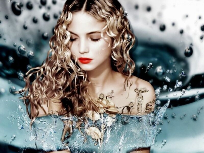 Woman in Water — Blue, Dramatic, Digital Art, Curly Hair