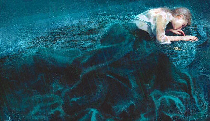 Woman in Water — Blue, Dramatic, Digital Art, Rain