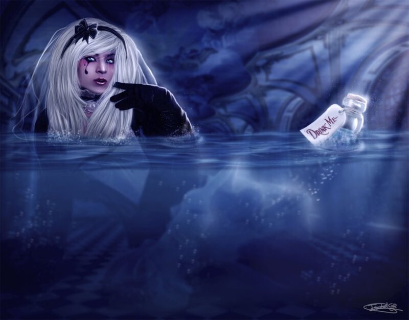 Woman in Water — Blue, Dramatic, Night, Digital Art, Bottle