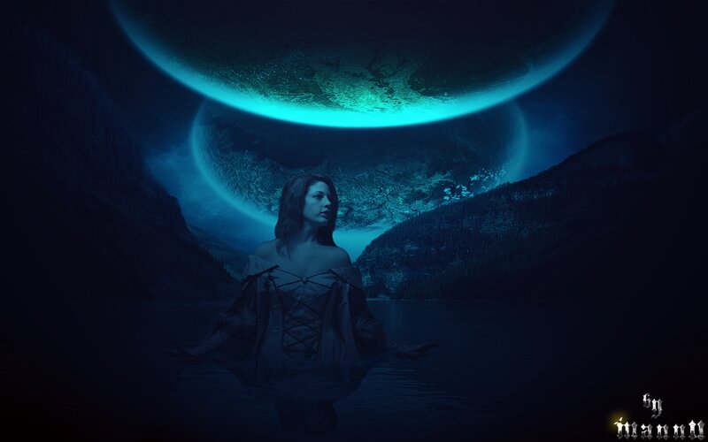 Woman in Water — Blue, Dramatic, Night, Digital Art, Planets