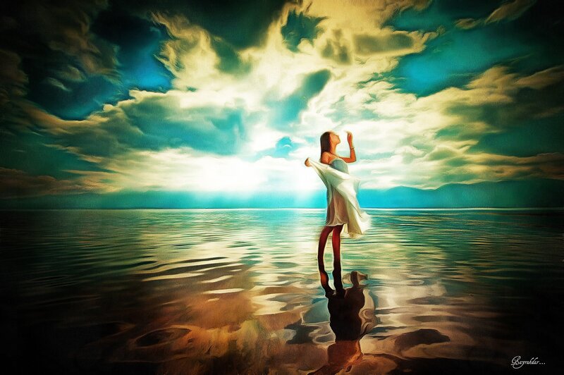 Woman in Water — Blue, Dramatic, Sunset, Digital Art