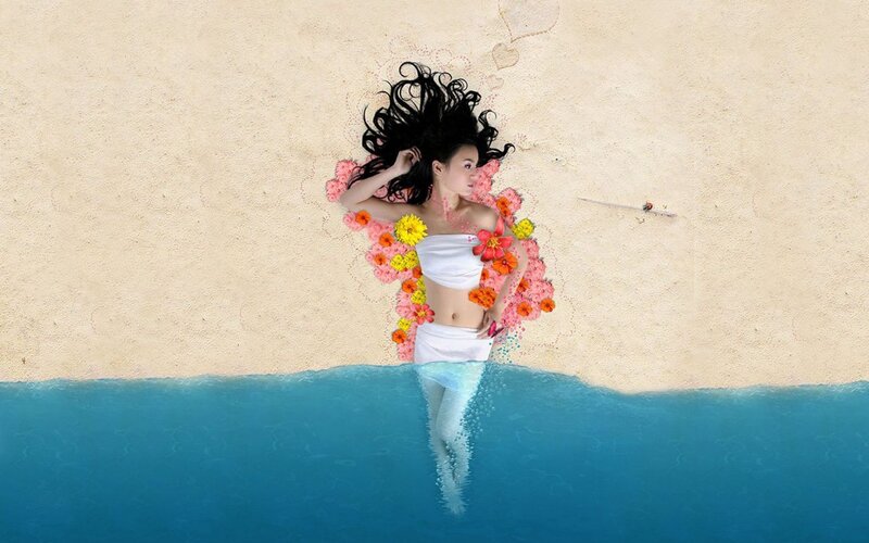 Woman in Water — Blue, Serene, Afternoon, Digital Art