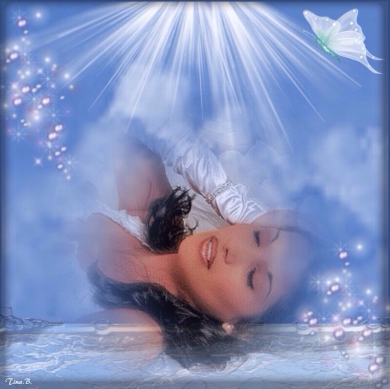 Woman in Water — Blue, Serene, Digital Art, Butterfly