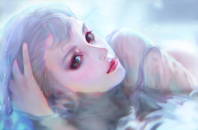 Woman in Water — Blue, Serene, Digital Art, Hair