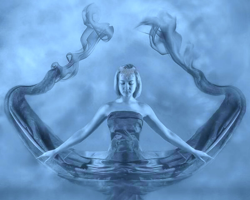 Woman in Water — Blue, Serene, Digital Art, Smoke