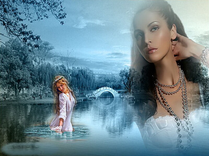 Woman in Water — Blue, Serene, Night, Digital Art, Bridge