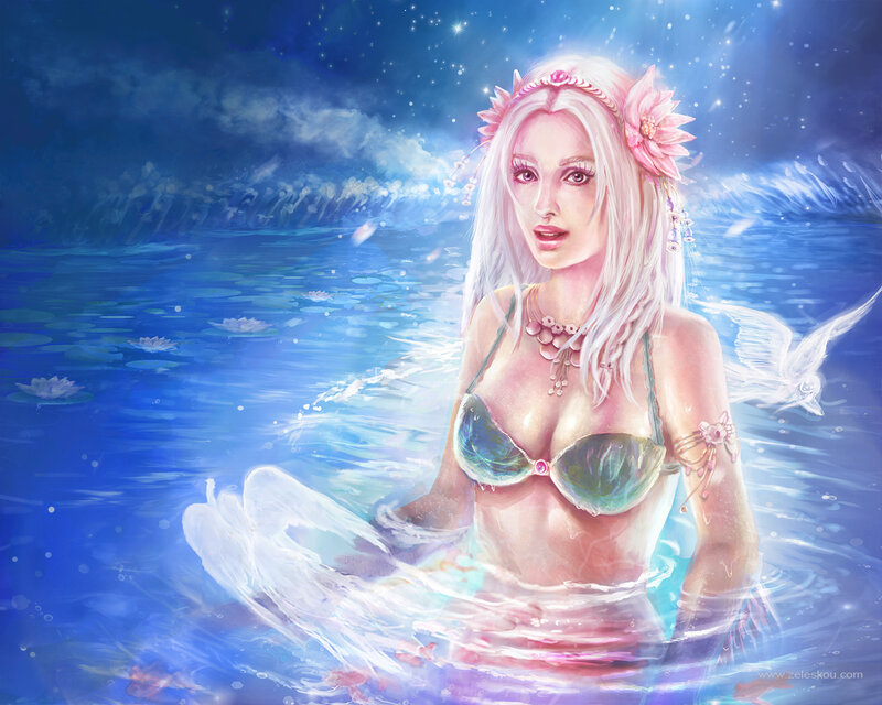 Woman in Water — Blue, Serene, Night, Digital Art, Flowers