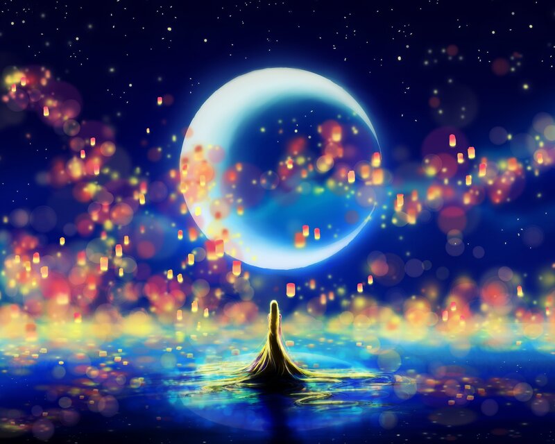 Woman in Water — Blue, Serene, Night, Digital Art, Moon