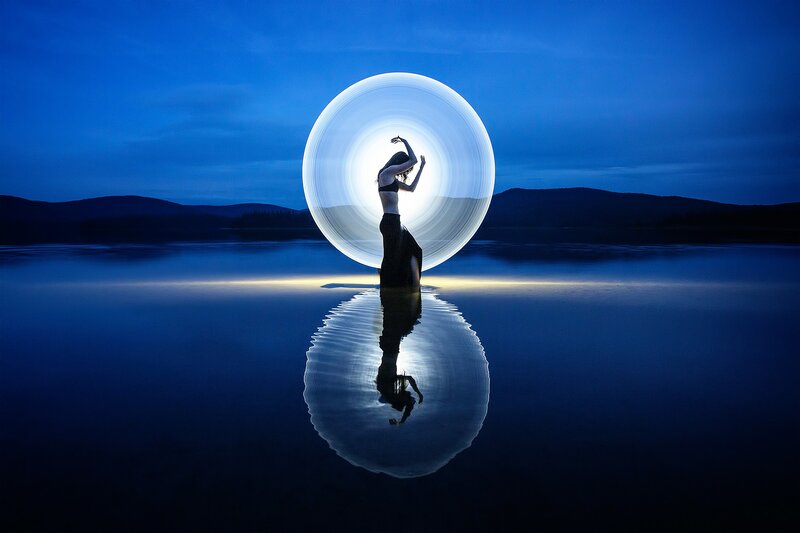 Woman in Water — Blue, Serene, Night, Photograph, Light Circle